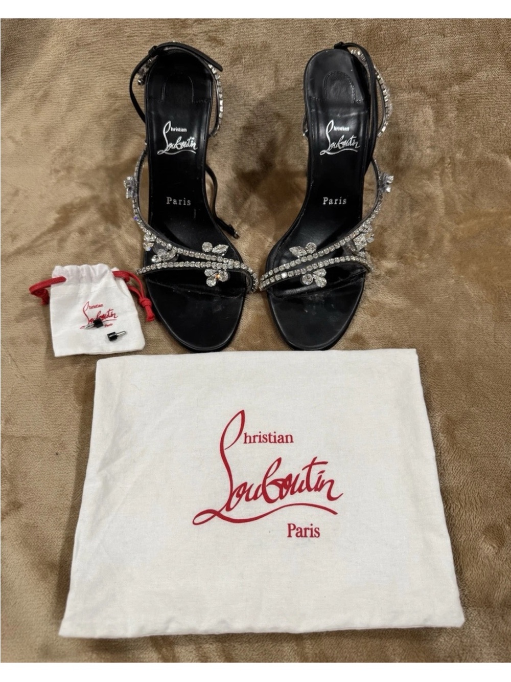 Christian Louboutin Black Crystal-Strap Open Sandals